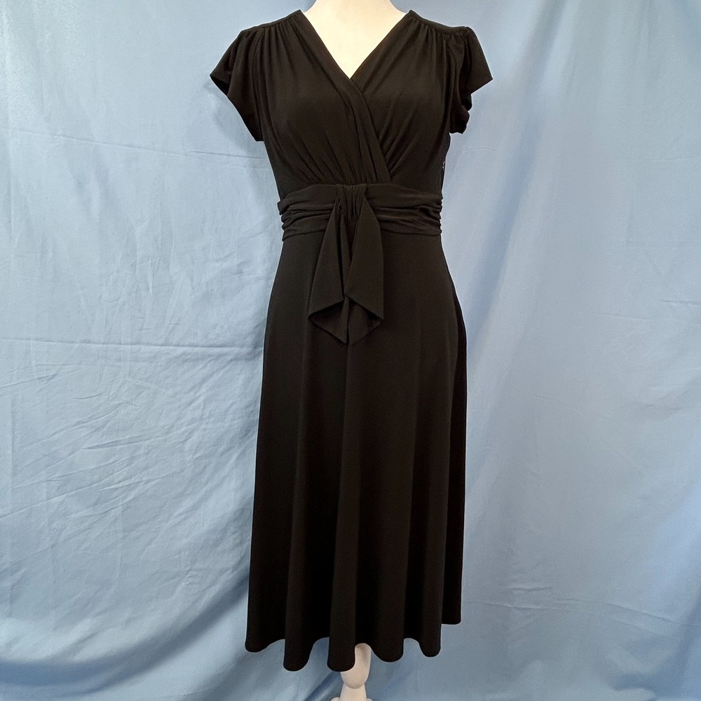 Evan Picone Fit & Flare Dress Womens 6 Black V‎ Neck Ruched Tie Waist Side Zip